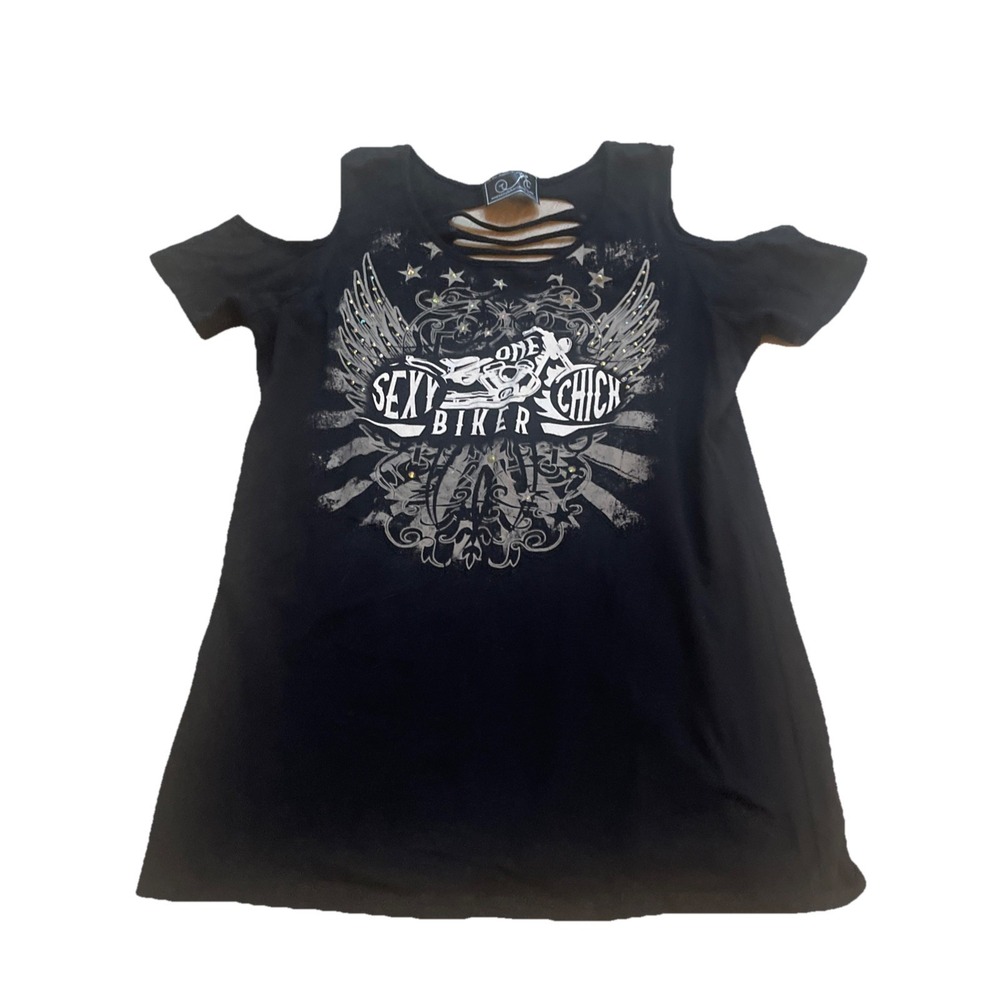 Vintage One Sexy Biker Chic Rhinestone Top Women's Size M ? Black